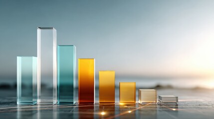 Modern colorful bar chart with ascending and descending transparent glass bars representing data analysis and growth on reflective surface with blurred background
