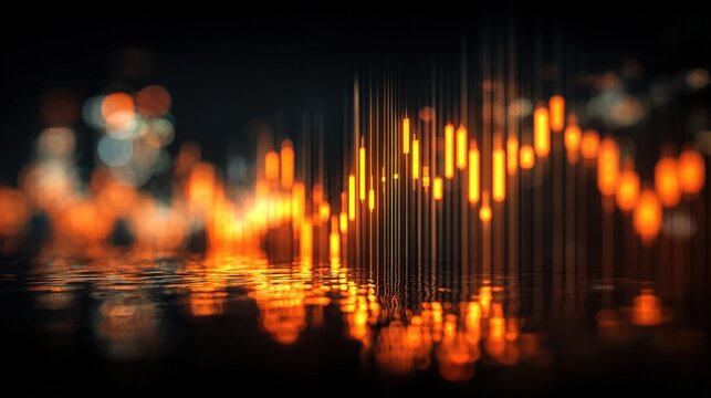 Abstract vibrant orange and yellow digital data visualization glow with dynamic light streaks and reflections on a dark background for technology