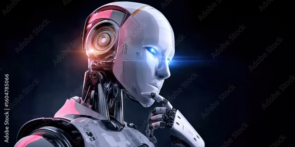 Poster futuristic humanoid robot with white faceplate illuminated eyes and advanced technology features in 
