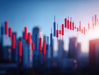 Dynamic Red and Blue Candlestick Chart Showing Financial Data and Market Trends Over City Skyline at Sunset