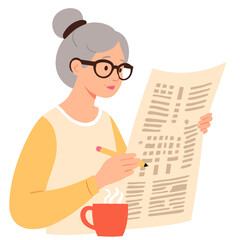 Senior woman with reading glasses. Elderly lady reading with focus. Mature woman holding book. Senior female enjoying quiet reading. Elderly set