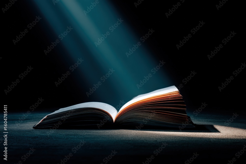 Poster open book on dark surface with focused light beam illuminating pages in a dramatic and mysterious se