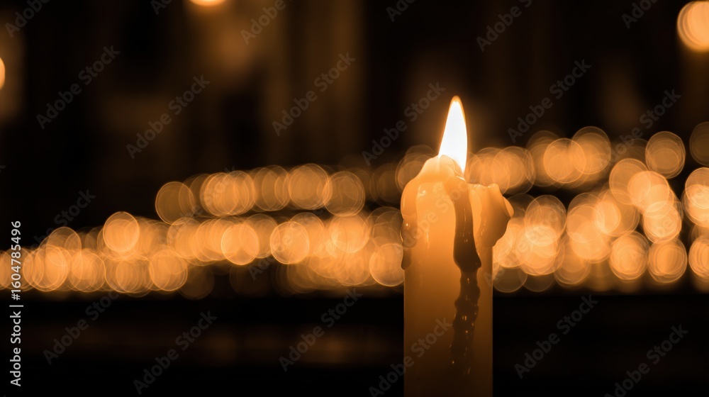 Poster candle flame burning softly in a dark setting with blurred warm lights background creating a peacefu