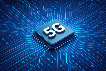 5G chip on blue circuit board with binary code processor technology