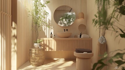 A sleek wooden vanity with a round mirror stands in a bright, modern bathroom with minimalist design elements.

