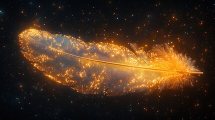 Glowing feather, cosmic backdrop