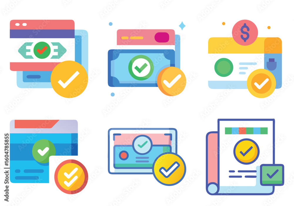 Poster successful transactions across various platforms and documents with confirmation icons