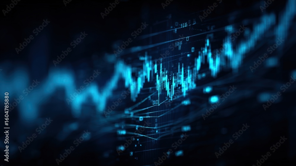 Poster dynamic financial data visualization with glowing blue chart lines and digital interface representin