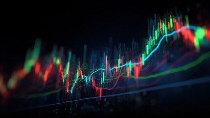 Dynamic financial stock market chart with colorful line graphs and data points representing trading trends and market fluctuations