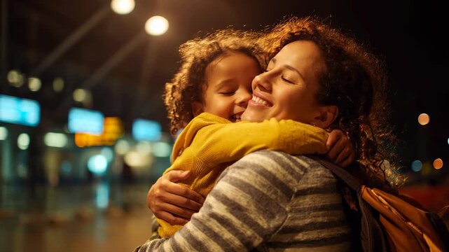 Woman holding child in warm hug at airport arrivals, child's arms wrapped tightly around her neck.