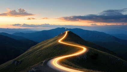 Glowing winding path leads up a grassy mountain ridge to a flag at the summit during a scenic sunset