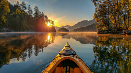 Kayaking through a tranquil mountain lake at sunrise, vibrant colors illuminate the water's surface. The mirror-like reflection enhances the peaceful atmosphere, inviting exploration and adventure