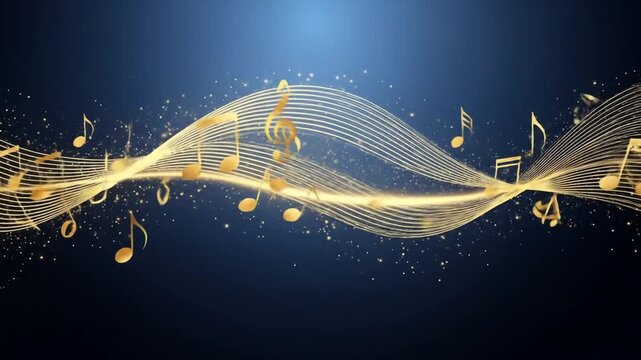Golden Musical Notes Flowing on Blue Background Displaying Artistic Wave Composition