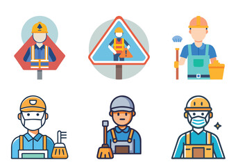 Set of diverse construction workers, cleaners and safety signs in flat design