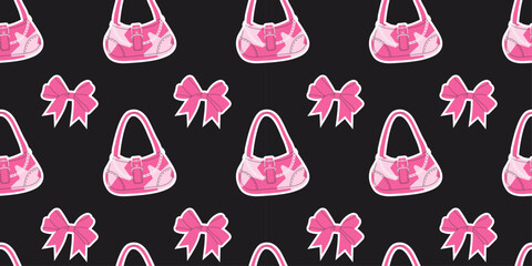 Seamless pattern featuring trendy pink purses and bows on a dark background. Ideal for fashion-themed prints, fabric, stationery, packaging, and more. Modern Y2K-inspired stylish repeat background.