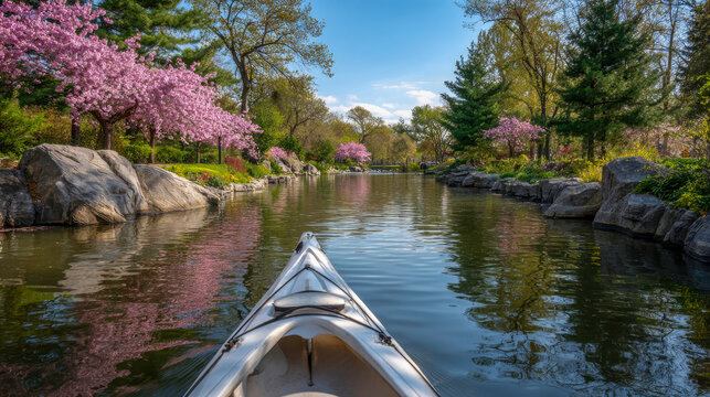 Paddling through tranquil waters, a kayak glides under vibrant cherry blossoms, their delicate petals painting the river with a romantic touch of pink, embodying the beauty of spring