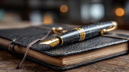 A dark leather-bound journal rests with a fine gold nib fountain pen.