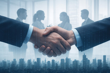 Businessmen shaking hands with city skyline and binary code overlay handshake agreement