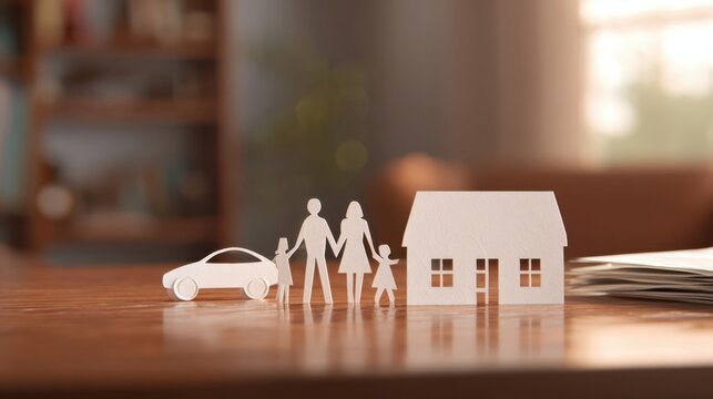 The paper models of a family, car, and house on a wooden table.