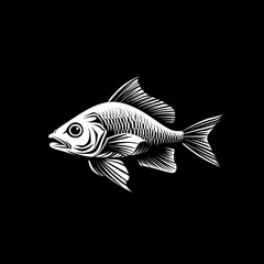 Fototapeta premium A striking black-and-white illustration of a fancy-tailed fish with detailed scales and flowing fins, set against a solid black background.