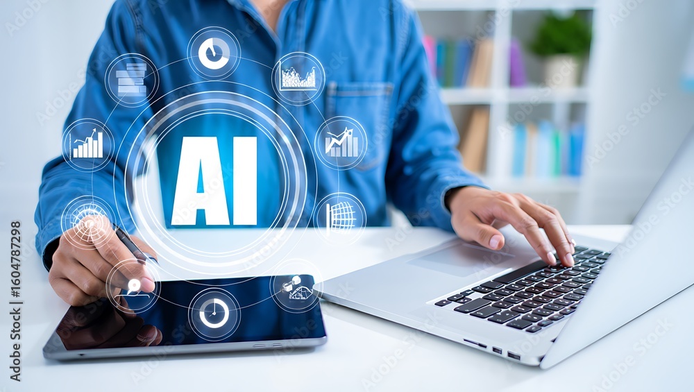 Poster person using artificial intelligence technology with digital interface and laptop