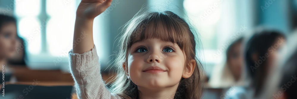 Poster smart elementary school student raising her hand to answer a question during a class lesson, showing
