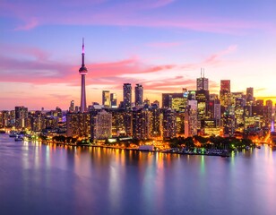 Panoramic city skyline at twilight