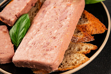 Pate meat peppers pork liver, pork meat riyet fresh delicious gourmet food background on the table rustic food top view copy space