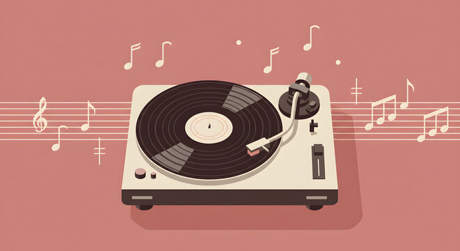 Isometric illustration of a vintage record player with a vinyl record spinning, surrounded by musical notes on a light red background.
