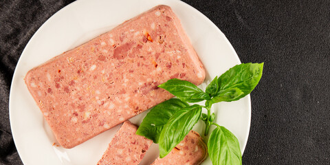 Pate meat peppers pork liver, pork meat riyet fresh delicious gourmet food background on the table rustic food top view copy space
