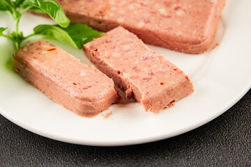 Pate meat peppers pork liver, pork meat riyet fresh delicious gourmet food background on the table rustic food top view copy space
