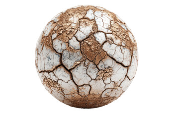 A cracked, dried-out earth sphere.  A globe, showing deep fissures and parched, light brown and off-white land.  Dry, arid, cracked surface