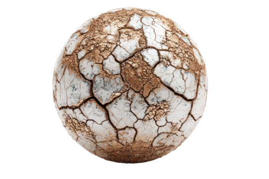 A cracked, dried-out earth sphere.  A globe, showing deep fissures and parched, light brown and off-white land.  Dry, arid, cracked surface