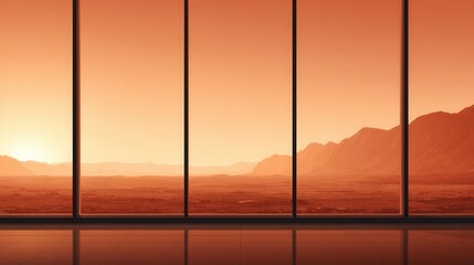 Fototapeta premium Panoramic view of martian landscape through large windows at sunset.