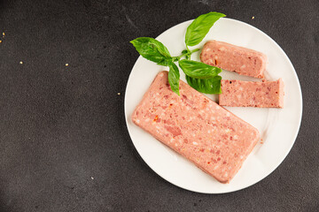 Pate meat peppers pork liver, pork meat riyet fresh delicious gourmet food background on the table rustic food top view copy space