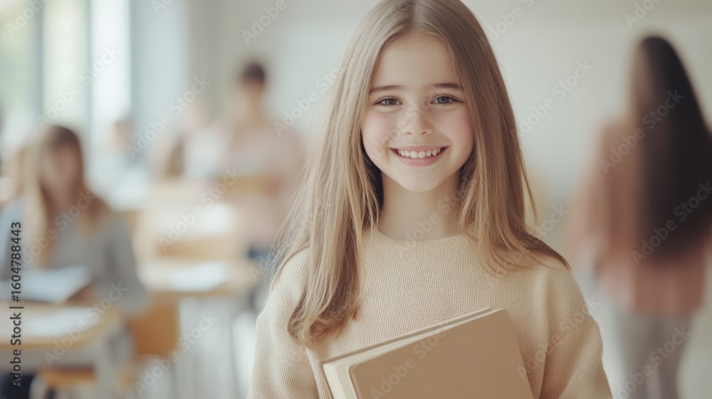 Poster portrait of a joyful elementary school student smiling while standing in a classroom filled with pee