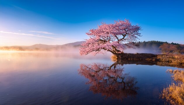 serene cherry blossom tree reflecting on misty lake at sunrise