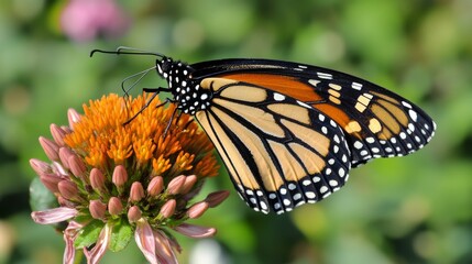 Naklejka premium Close-up of a colorful butterfly feeding on a bright wildflower in a sunny meadow with soft natural green background, symbol of pollination and biodiversity in nature