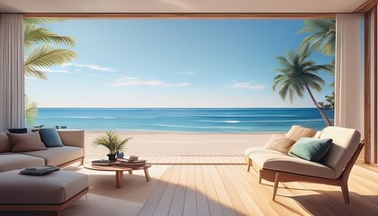 modern living room with open view to tropical beach and ocean elegant bright coastal interior design