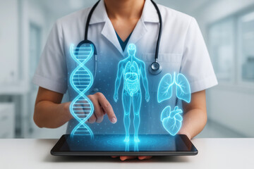 Doctor interacting with glowing medical holograms displaying human anatomy and dna