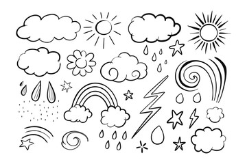 Weather Doodle Collection: This charming collection of hand-drawn weather elements adds a touch of whimsy to any project, featuring playful illustrations of suns, clouds, rain, stars, and more.