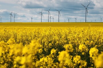 Golden rapeseed field, wind turbines in background
