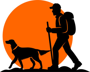 Silhouettes of Freedom. A hiker and his Irish Setter in silhouette, walking toward a glowing red sunset – a quiet symbol of freedom, loyalty, and the deep bond between man and nature.