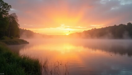 Misty sunrise over a tranquil lake.