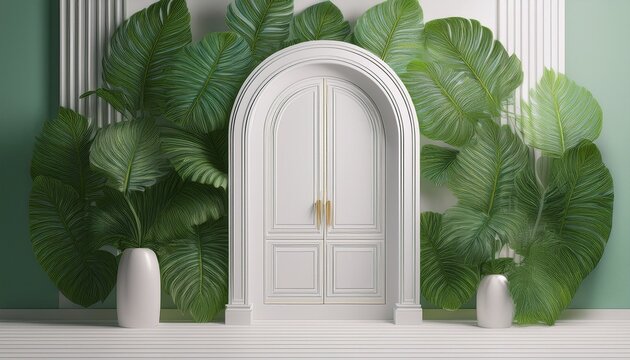 white arch door interior with monstera plant leaves backgorund 3d rendering