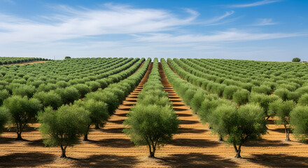 Naklejka premium Olive Tree Orchard Rows of Green Trees Stretch into the Horizon under a Blue Sky Landscape, agricultural views, and beauty of landscape