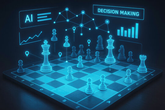 Futuristic augmented reality chessboard with glowing blue wireframe pieces and data visualizations