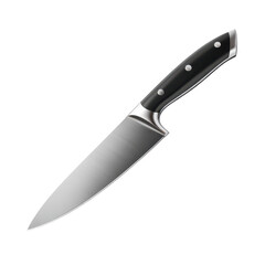 Sleek silver kitchen knife with sharp blade and matte black handle, modern culinary tool for cooking or branding use, on transparent background