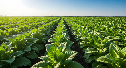 Vast green tobacco plantation rows stretch towards the horizon under a clear sky, portraying a meticulously organized agricultural landscape of flourishing cultivated crops
