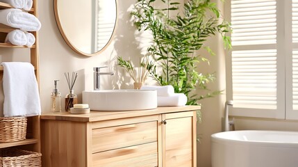 A sleek wooden vanity with a round mirror stands in a bright, modern bathroom with minimalist design elements.

